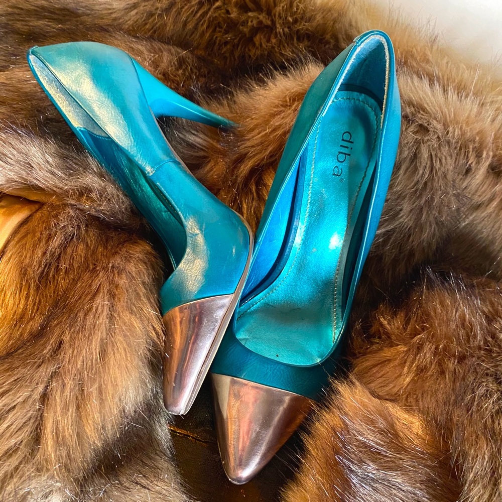 Teal Leather Silver Toe pumps by diba boutique